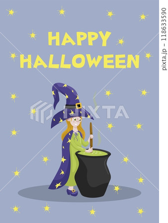 Happy Halloween illustration with a witch brewing a potion in a cauldron. Halloween for kids. Vector illustration in cartoon style Happy Halloween illustration with a witch brewing a potion in a cauldron. Halloween for kids. Vector illustration in cartoon style 118633590