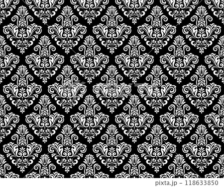 Floral pattern. Vintage wallpaper in the Baroque style. Seamless vector background. White and black ornament for fabric, wallpaper, packaging. Ornate Damask flower ornament. 118633850