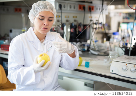 Female scientist working in food testing laboratory 118634012