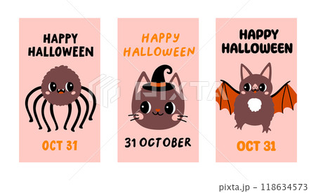 Halloween pink poster set. Trendy flat style and funny characters. Cute vector poster set for postcard, flyer, banner Halloween pink poster set. Trendy flat style and funny characters. Cute vector poster set for postcard, flyer, banner 118634573