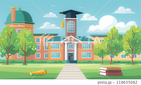 Campus scene with a schoolhouse and graduation elements in a vector illustration, highlighting the institution and college environment, Campus scene with a schoolhouse and graduation elements in a vector illustration, highlighting the institution and college environment, 118635082