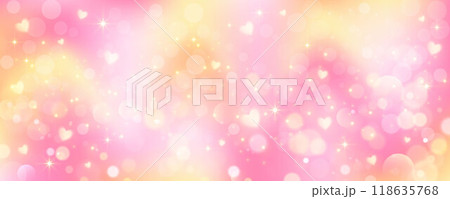 Pink gradient background. Orange and yellow mesh pastel backdrop. Peach warm blurry sky with heart stars and bokeh. Liquid fluid texture 118635768