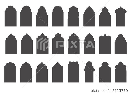 Islamic doors and arabian windows set. Mosque islamic frames. Muslim oriental shapes design for Ramadan. Vector silhouette elements. Islamic doors and arabian windows set. Mosque islamic frames. Muslim oriental shapes design for Ramadan. Vector silhouette elements. 118635770