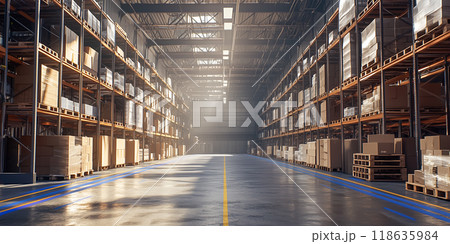 メタルシェルフに積まれた箱がある広い倉庫施設 118635984