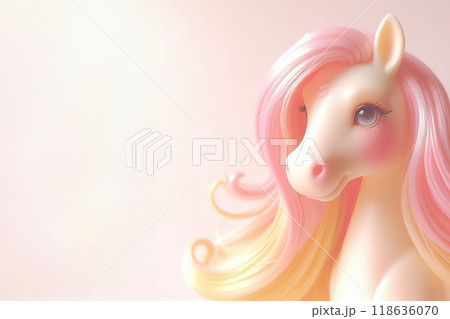 Toy horse close-up on white background, pastel bubblegum hair, sunset sunrise tones in creamy pink and yellow, soft color dodge effect, ideal for cute, colorful, and playful visuals. 118636070