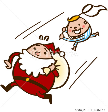 捕まえようとする男の子と逃げるサンタクロース 118636143