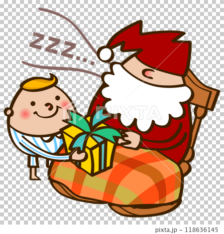 A boy giving a present to a sleeping Santa Claus 118636145