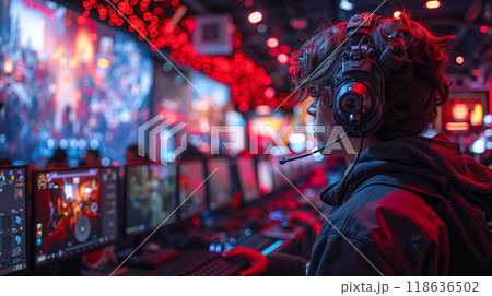A man wearing a headset playing a video game on a computer 118636502