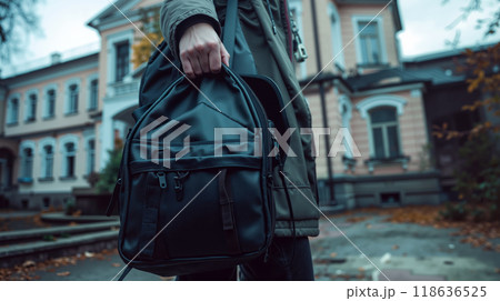A person holding a black backpack in front of a building 118636525