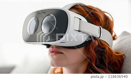 A woman wearing a virtual reality headset on a couch 118636540