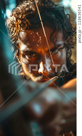 A man with long hair holding a bow and arrow 118636541