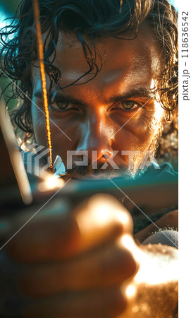 A man with long hair and a beard holding a bow and arrow A man with long hair and a beard holding a bow and arrow 118636542