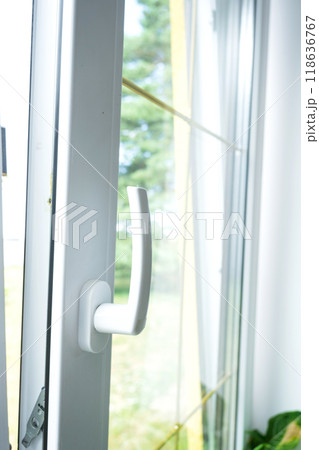 Window from inside the house plastic double-glazed window view outside to the sunny forest - interior salon with potted plants, clean glass after cleaning windows, closed window 118636767
