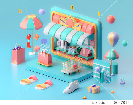 Digital app and online retail business multichannel marketing, isometric 3D rendering, 118637015