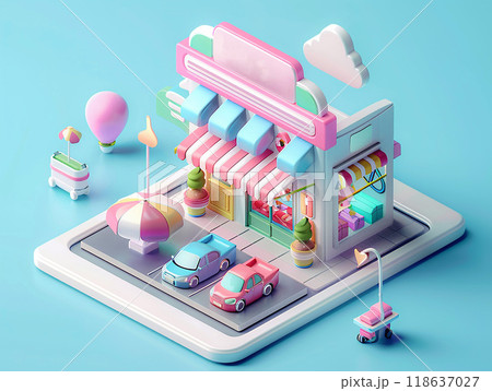 3D isometric rendering of multichannel marketing strategies in digital app and online retail business, 118637027