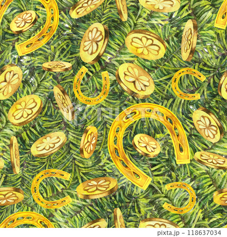 Seamless pattern with green fir branches, lucky shamrock leaves, horseshoe, gold coins. Watercolor illustration for New Year, St. Patrick's Day. Template for invitation, scrapbook, card, sticker 118637034