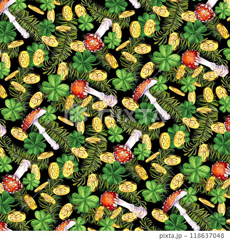 Seamless pattern with green fir branches, lucky shamrock, gold coins, fly agaric mushroom. Watercolor illustration for New Year, St. Patrick's Day. Template for invitation, scrapbook, card, sticker 118637048