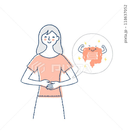 お腹に手を当てている笑顔の女性・健康的な腸のイメージ お腹に手を当てている笑顔の女性・健康的な腸のイメージ 118637052
