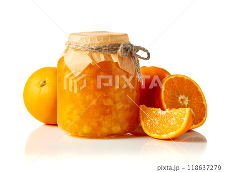 Orange jam and fresh fruits isolated on a white background. Orange jam and fresh fruits isolated on a white background. 118637279