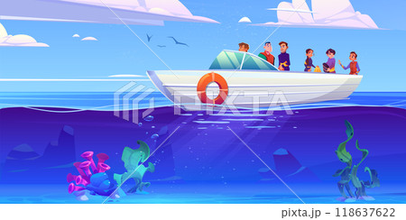 Divers on yacht in sea or ocean put on wetsuits Divers on yacht in sea or ocean put on wetsuits 118637622