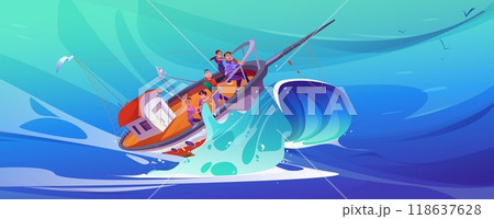 Fishing boat with people on board sinking on wave Fishing boat with people on board sinking on wave 118637628