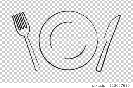 Hand-drawn line drawing illustration of a fork, knife and plate 118637659
