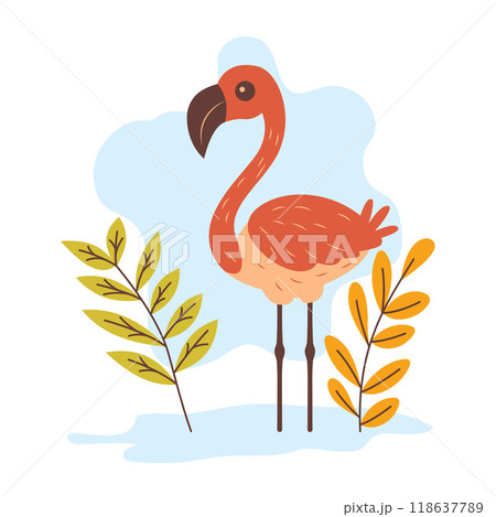 Cute Flamingo Bird Animal Character with Leaves Plants in the Park Cute Flamingo Bird Animal Character with Leaves Plants in the Park 118637789