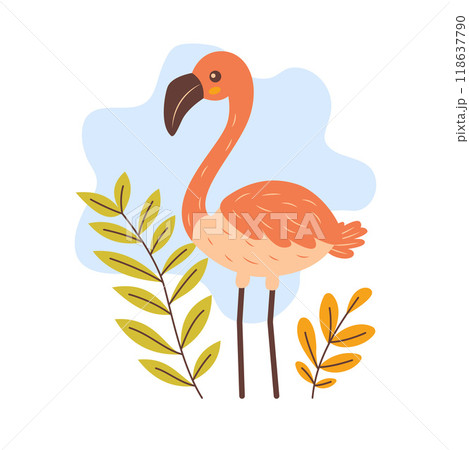 Cute Flamingo Bird Animal Character with Leaves Plants in the Park 118637790