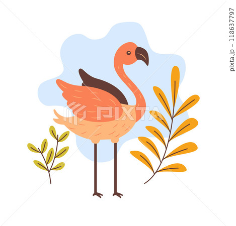 Cute Flamingo Bird Animal Character with Wings and Leaves Plants 118637797