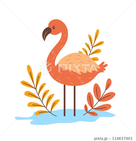 Cute Flamingo Bird Animal Character with Leaves Plants in the Park 118637801
