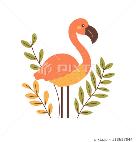 Cute Flamingo Bird Animal Character with Leaves Plants in the Park 118637844