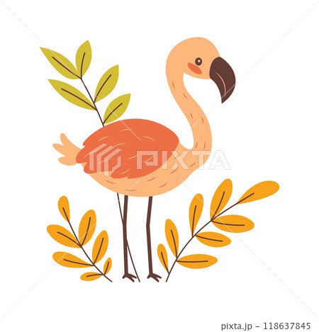 Cute Flamingo Bird Animal Character with Leaves Plants in the Park 118637845