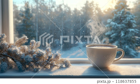 Morning Coffee by Snowy Window 118637855