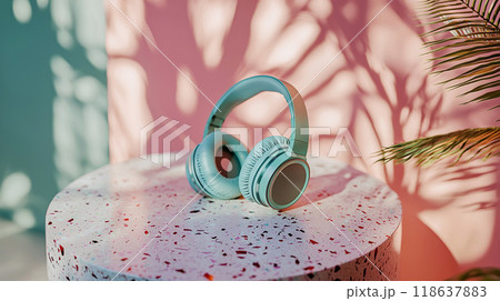 Pastel Headphones. Stylish pastel blue headphones on a terrazzo table Pastel Headphones. Stylish pastel blue headphones on a terrazzo table 118637883