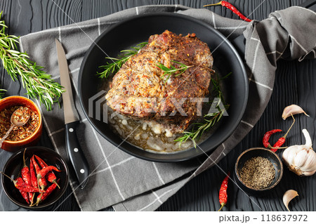 Juicy Roast Pork Neck on table, top view 118637972