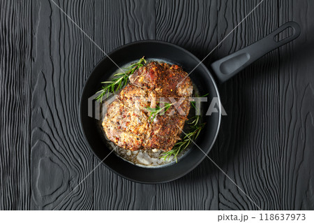 Juicy Roast Pork Neck on table, top view 118637973