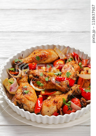 Basque Chicken Pepper Artichoke and Chorizo Saute 118637987