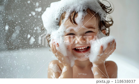 Joyful Child Bathing. A child enjoying a playful bubble bath Joyful Child Bathing. A child enjoying a playful bubble bath 118638037