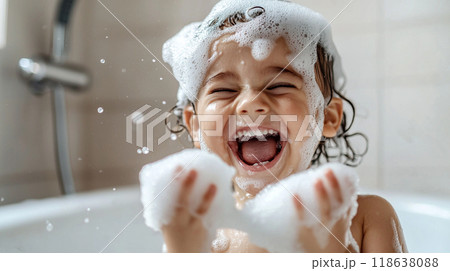 Joyful Bubble Bath. A child enjoying a playful bubble bath Joyful Bubble Bath. A child enjoying a playful bubble bath 118638088