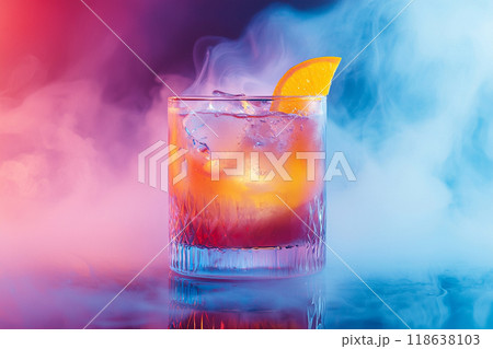 Mesmerizing Cocktail. A vibrant cocktail in a glass against a colorful, smoky background. 118638103