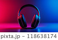Stylish Headphones. A pair of modern headphones with a cool blue and red background 118638174