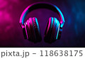 Neon Headphones. A pair of modern headphones with a cool blue and red background 118638175