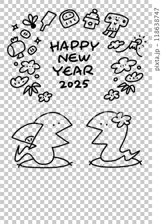 新年の挨拶をする二匹の蛇　年賀状素材　線画　モノクロ　2025 118638747