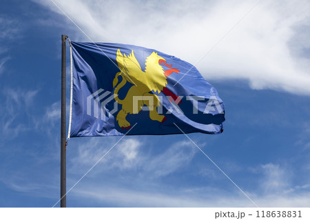 Flag of Saint Brieuc waving in mid air Flag of Saint Brieuc waving in mid air 118638831