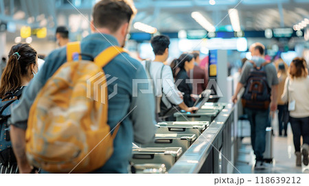 Busy airport security, travelers organizing belongings in bins, moving through scanners, Busy airport security, travelers organizing belongings in bins, moving through scanners, 118639212