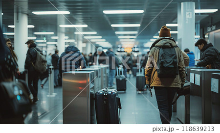 Airport security area, travelers putting items in bins, walking through metal detectors, 118639213