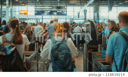 Crowded airport security checkpoint, travelers placing items in bins, passing through scanners, 118639214