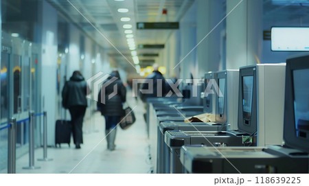 Security checkpoint, travelers placing belongings in bins, walking through scanners, Security checkpoint, travelers placing belongings in bins, walking through scanners, 118639225