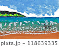 手描きの水彩画(絵手紙)「波際から眺めた淡路島」と「赤とんぼ」 118639335