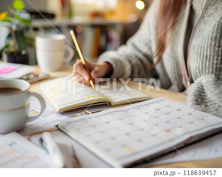 Detailed shot of an individual scheduling their week, calendar and planner for productivity, high resolution, Detailed shot of an individual scheduling their week, calendar and planner for productivity, high resolution, 118639457